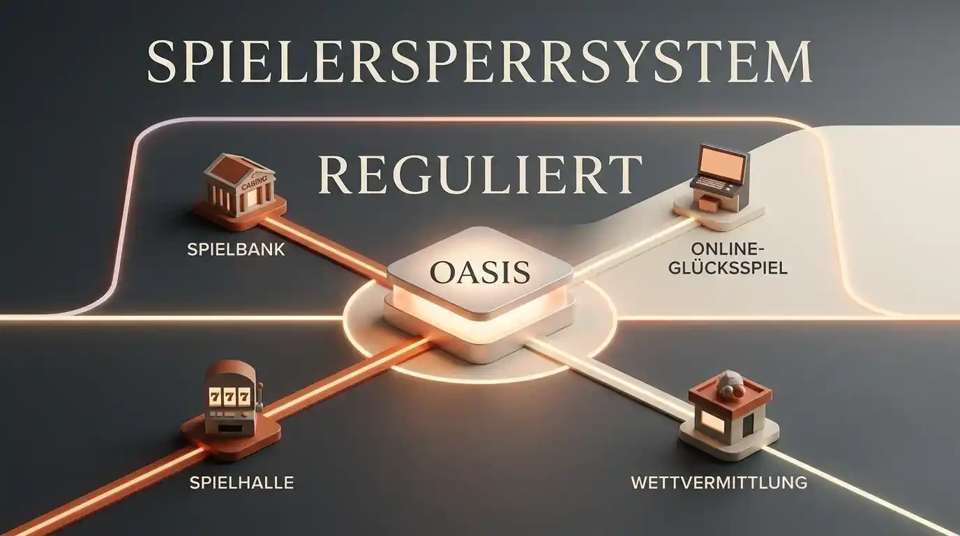 Schematische Darstellung des deutschen Spielersperrsystems OASIS und des Marktes für Casinos ohne OASIS-Anschluss